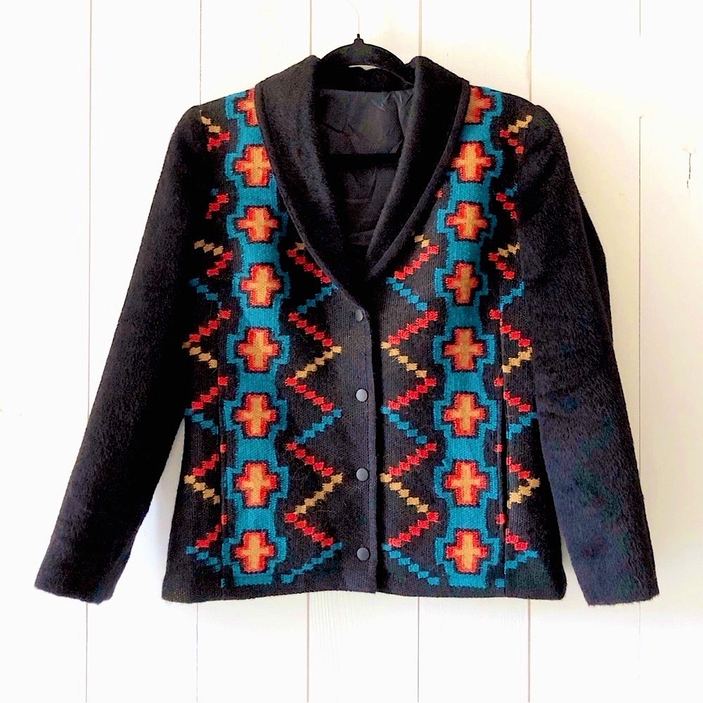 Tabask Alpaca Wool Handmade in Peru Black Southwestern Pattern Jacket Size S
